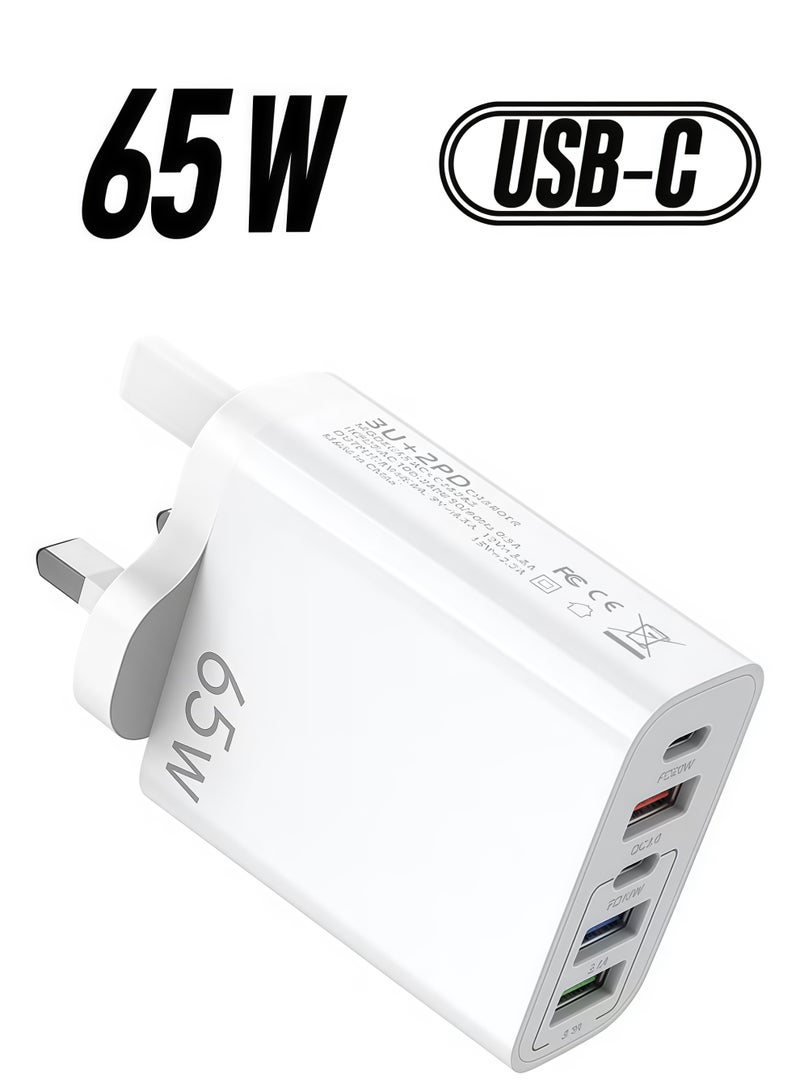 65W 5-Port Fast Charger, 6.6A 2 USB C + 3 USB A Ports Plug, Wall Charging Plug, G Adapter Compatible with charging for Apple Android, Support PD20W and QC3.0 charging protocols - Image 1